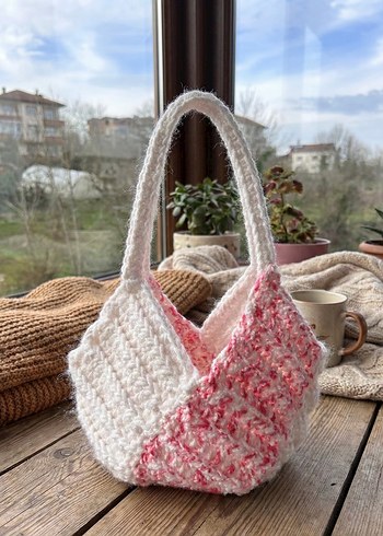 Beyaz Pembe Örgü Bohem Kadın Çanta - Görsel 4