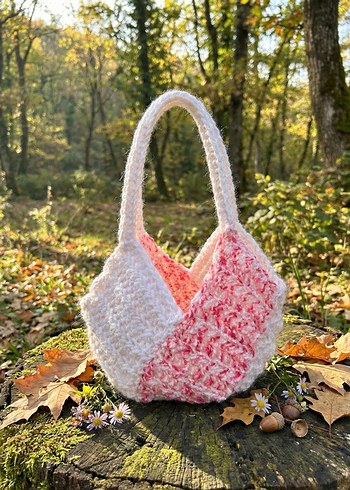 Beyaz Pembe Örgü Bohem Kadın Çanta - Görsel 5