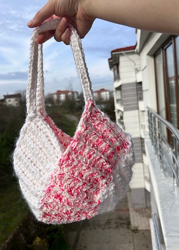Beyaz Pembe Örgü Bohem Kadın Çanta - Görsel 2
