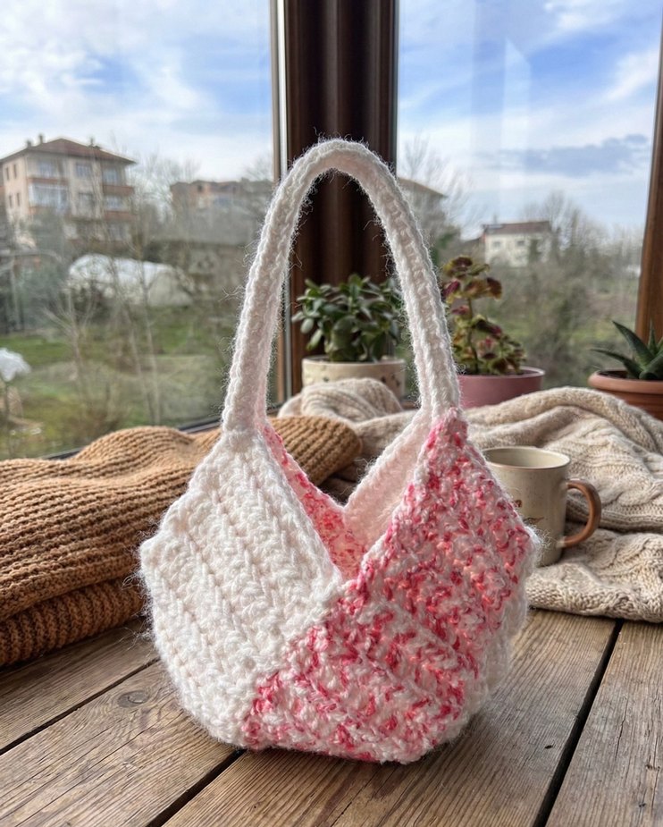 Beyaz Pembe Örgü Bohem Kadın Çanta - Görsel 4