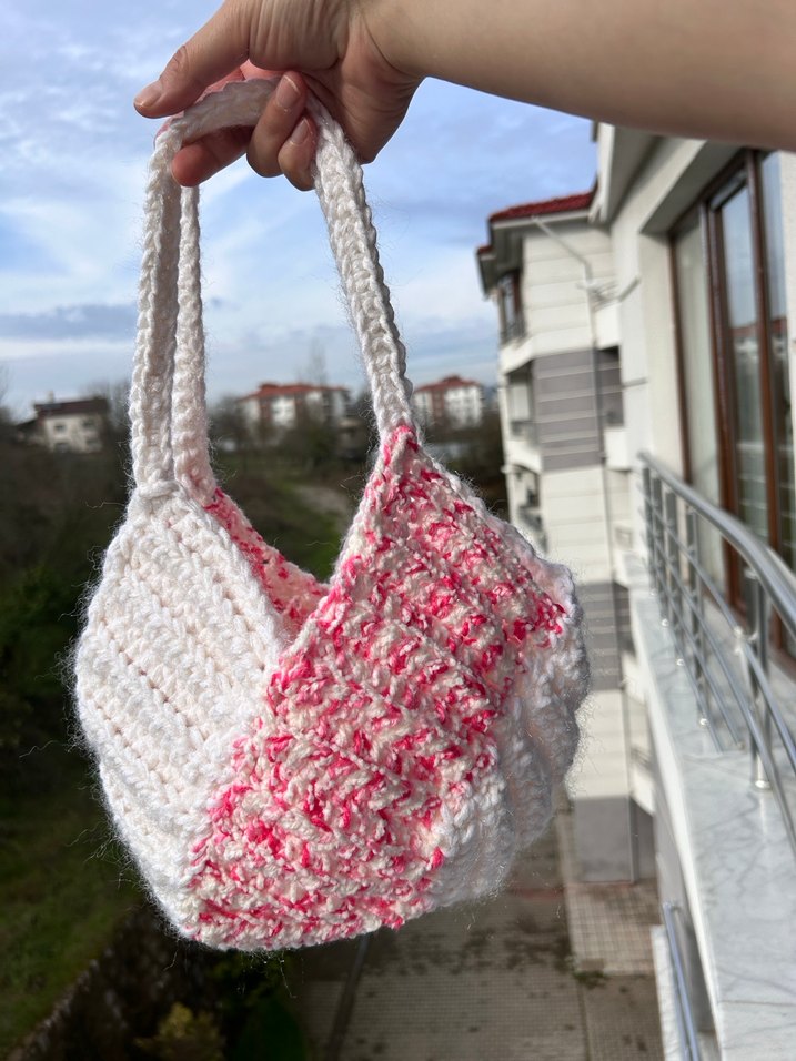 Beyaz Pembe Örgü Bohem Kadın Çanta - Görsel 2