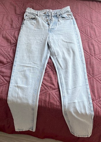 Düğmeli Loose Fit Midi Mavi Denim Kadın Jean