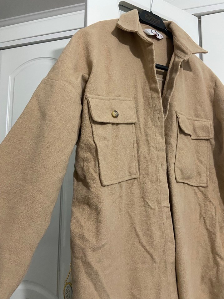 Bej Süet Düğmeli Kadın Midi Ceket - Görsel 2