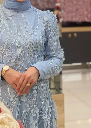 Nakışlı Mavi Uzun Kollu Bohem Abiye - Görsel 5