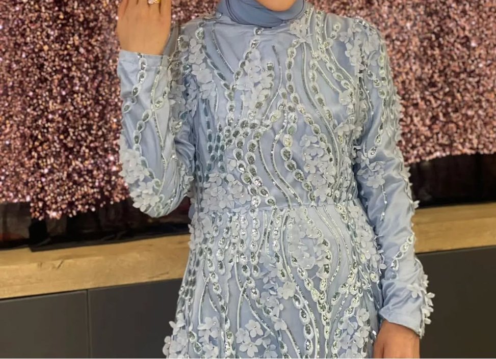 Nakışlı Mavi Uzun Kollu Bohem Abiye - Görsel 4