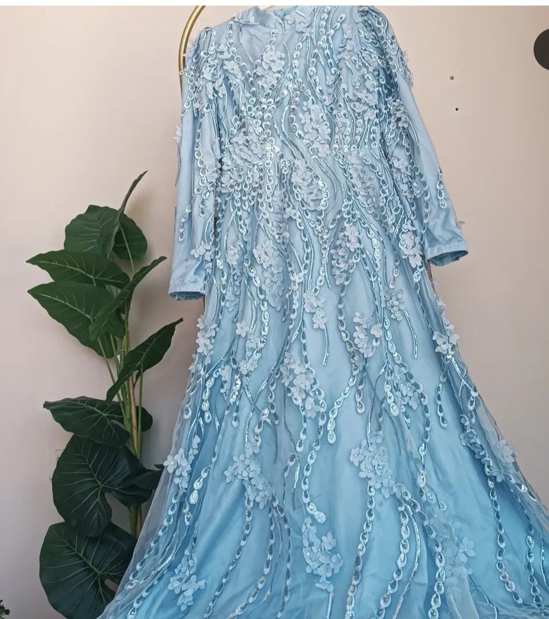 Nakışlı Mavi Uzun Kollu Bohem Abiye - Görsel 2