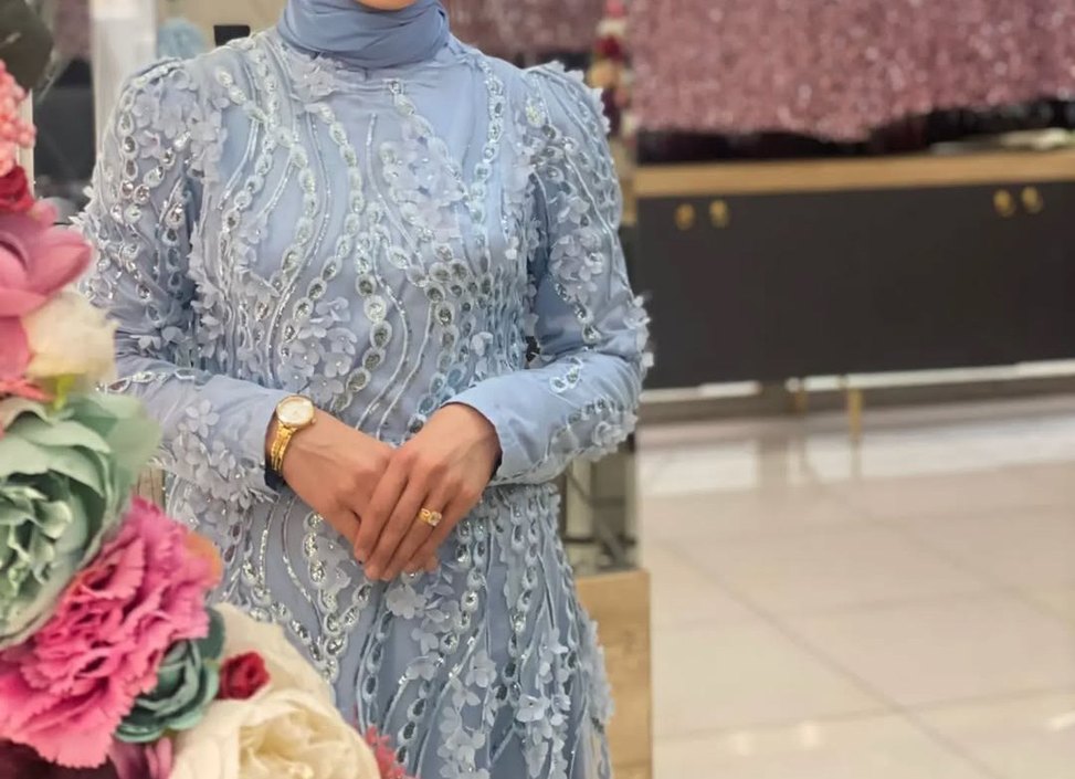 Nakışlı Mavi Uzun Kollu Bohem Abiye - Görsel 5