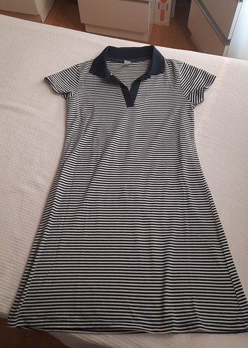 Gri Çizgili Polo Yaka Midi Elbise