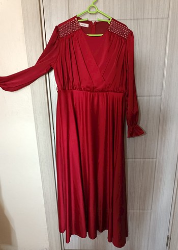 Kırmızı Uzun Kollu Drapeli Abiye Elbise - Görsel 5