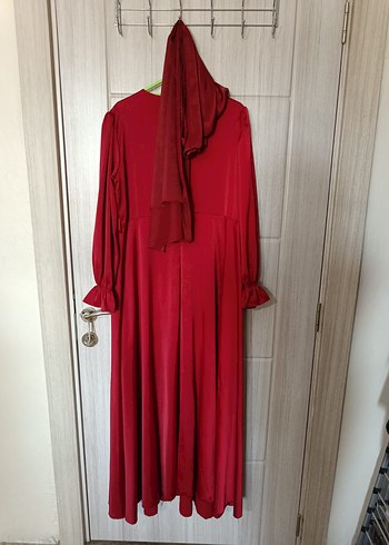 Kırmızı Uzun Kollu Drapeli Abiye Elbise - Görsel 6