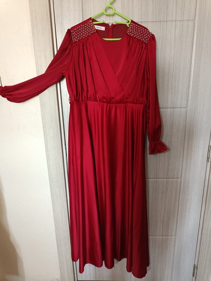 Kırmızı Uzun Kollu Drapeli Abiye Elbise - Görsel 5