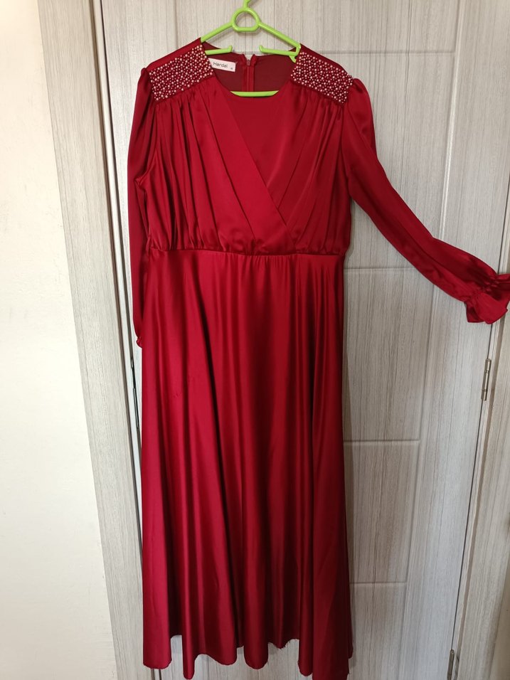 Kırmızı Uzun Kollu Drapeli Abiye Elbise - Görsel 4