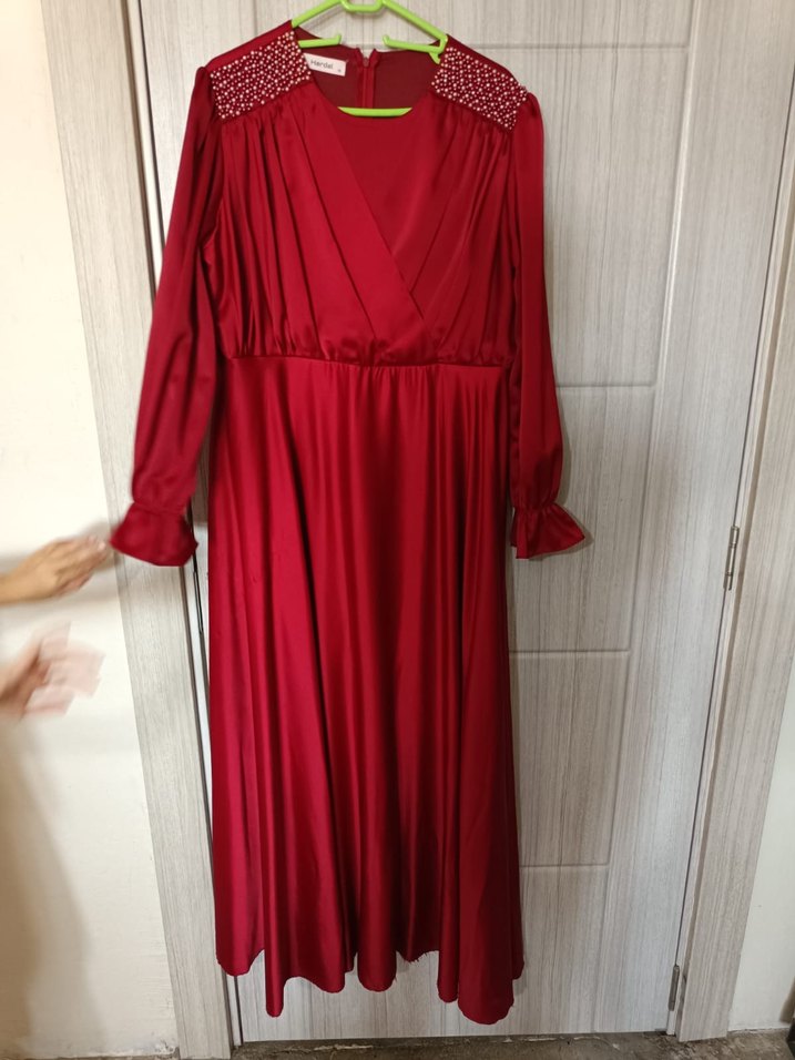 Kırmızı Uzun Kollu Drapeli Abiye Elbise - Görsel 3