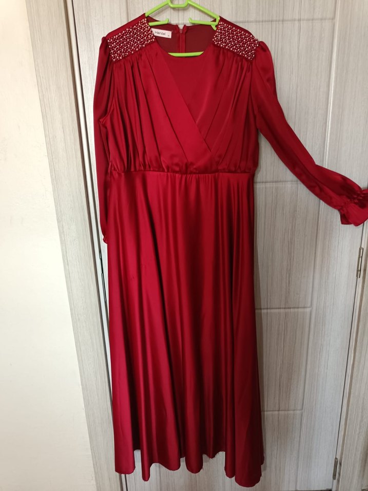 Kırmızı Uzun Kollu Drapeli Abiye Elbise - Görsel 1