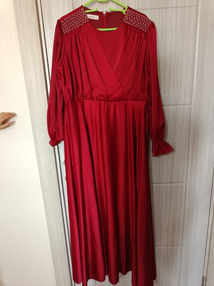 Kırmızı Uzun Kollu Drapeli Abiye Elbise - Görsel 2