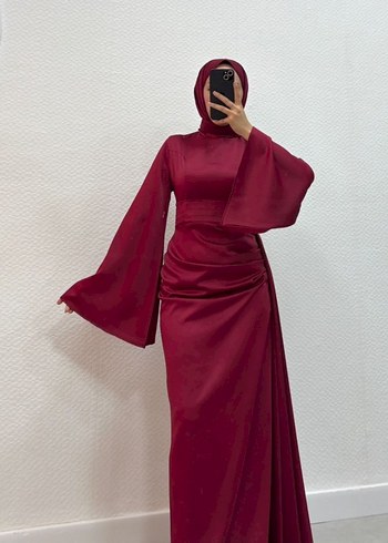 Bordo Uzun Kollu Drapeli Abiye Elbise