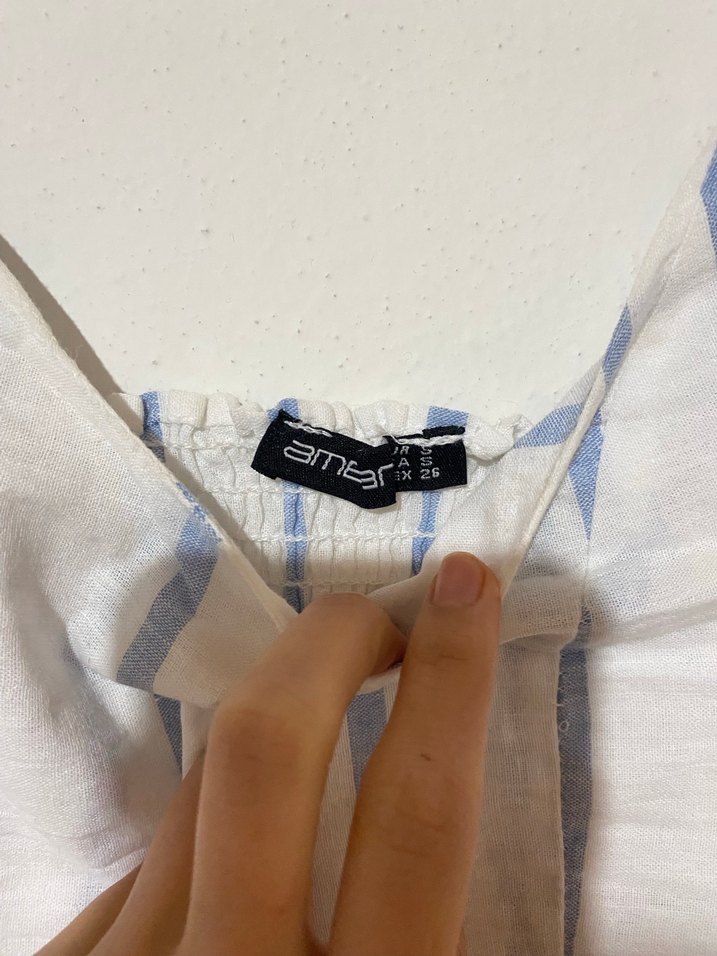 Kadın Mavi Çizgili Mini Keten Atlet - Görsel 3