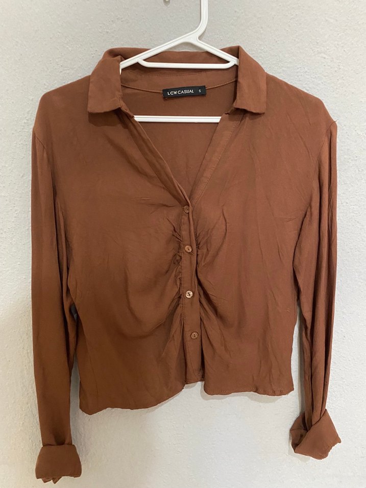 Düğmeli Bej Keten Uzun Kollu Gömlek - Görsel 2