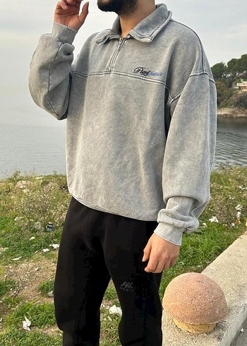 Oversize Yıkamalı Gri Sweatshirt (Sıfır/Etiketli) - Görsel 5