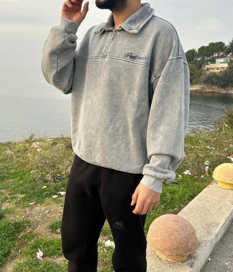 Oversize Yıkamalı Gri Sweatshirt (Sıfır/Etiketli) - Görsel 5