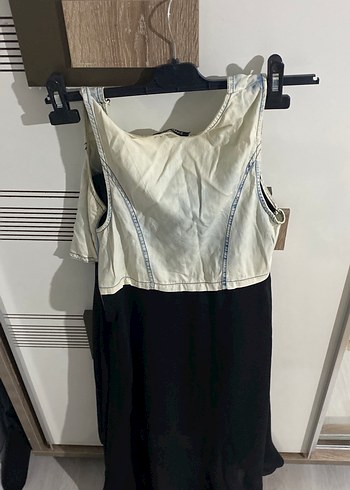 Siyah Askısız Uzun Denim Elbise - Görsel 2