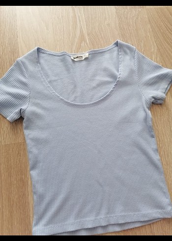 s Beden mavi Renk Stradivarius Kadın Buz mavisi Crop Tişört