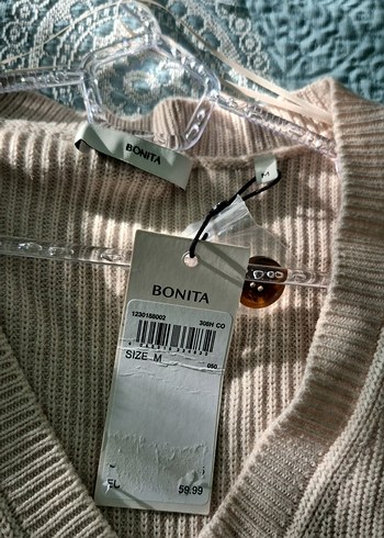 V Yaka Bej Kadın Triko Süveter - Görsel 5