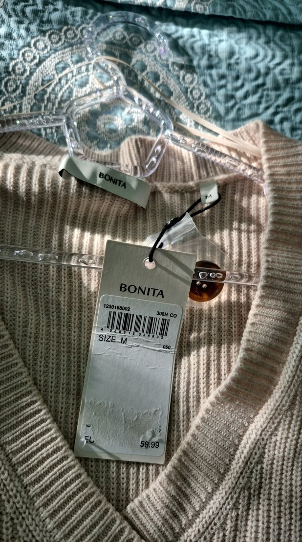 V Yaka Bej Kadın Triko Süveter - Görsel 5