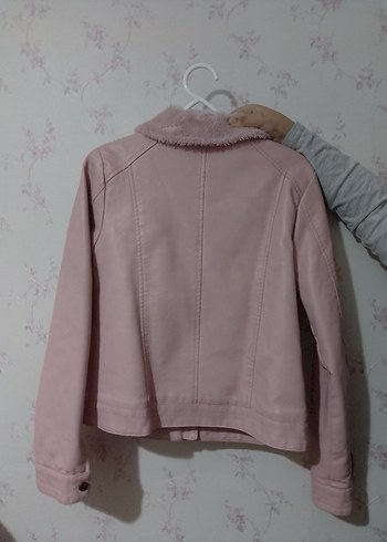 Pembe Deri Ceket, Kürklü Yaka, Günlük - Görsel 2