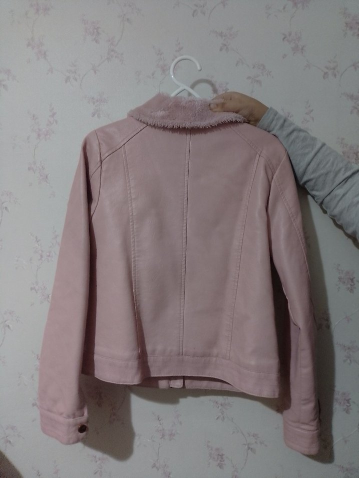 Pembe Deri Ceket, Kürklü Yaka, Günlük - Görsel 2