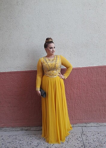 Taşlı sarı abiye