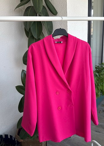 m Beden Pembe Düğmeli Uzun Kadın Blazer Ceket