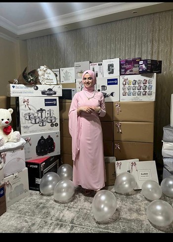 Pudra Pembe Drapeli Uzun Kadın Elbise