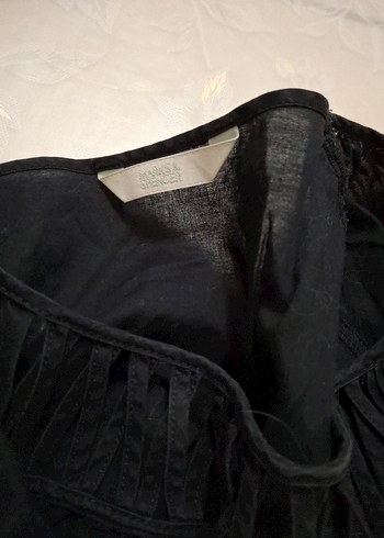 s Beden Kadın Siyah Keten Fırfırlı Boğazlı Bluz