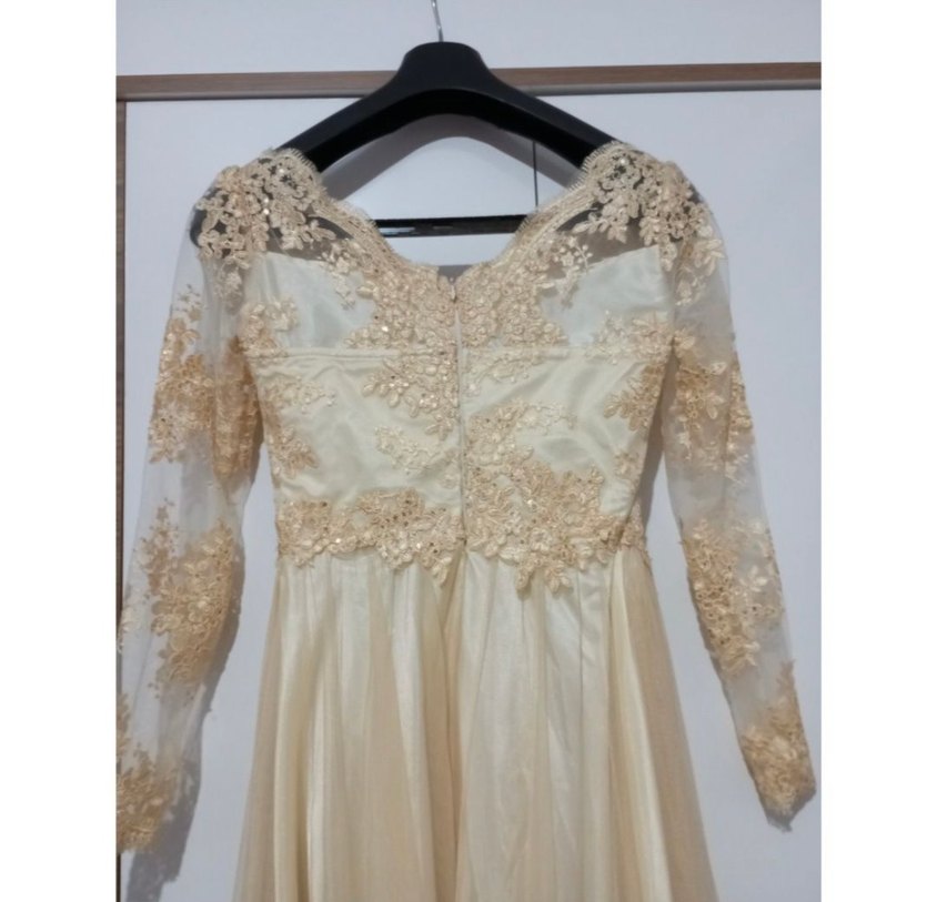 Bej Uzun Kollu Dantelli Kadın Abiye Elbise - Görsel 3