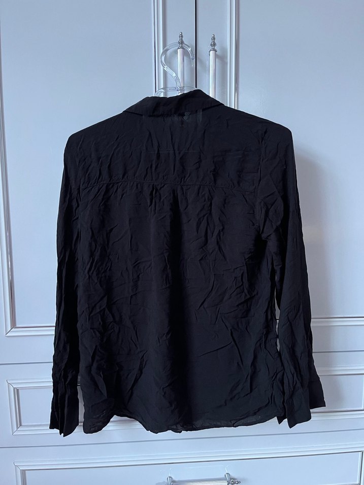 Düğmeli Siyah Keten Gömlek - Görsel 2