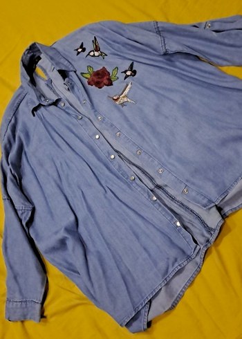Diğer Nakışlı Mavi Denim Uzun Kollu Gömlek