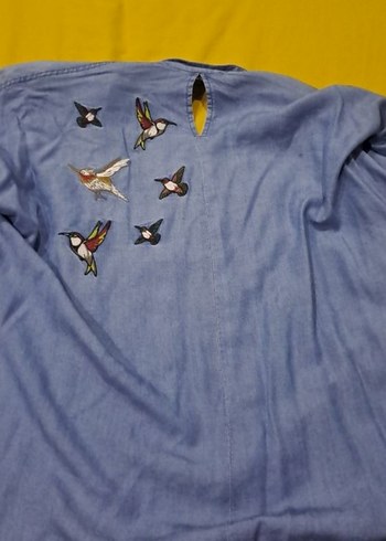 38 Beden mavi Renk Nakışlı Mavi Denim Uzun Kollu Gömlek
