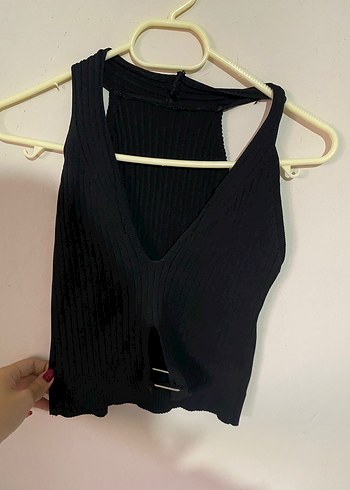 Siyah V Yaka Örme Kadın crop