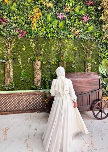 Drapeli Uzun Beyaz Nişan Elbisesi - Görsel 4