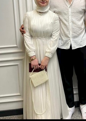 Drapeli Uzun Beyaz Nişan Elbisesi - Görsel 2