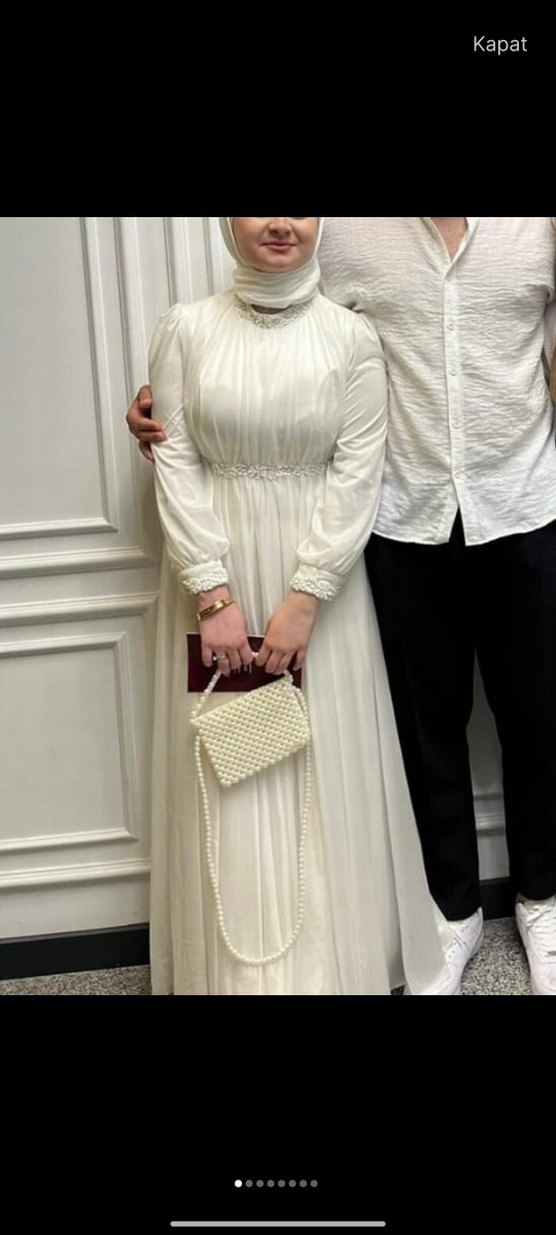 Drapeli Uzun Beyaz Nişan Elbisesi - Görsel 2