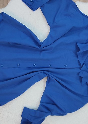 l Beden Mavi Düğmeli Denim Kadın Gömlek