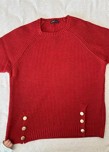 Düğmeli Kırmızı Kadın Triko Kazak - Görsel 2