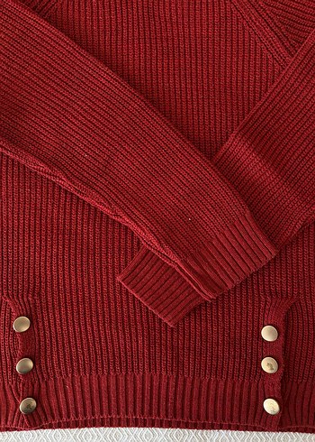 Düğmeli Kırmızı Kadın Triko Kazak - Görsel 5