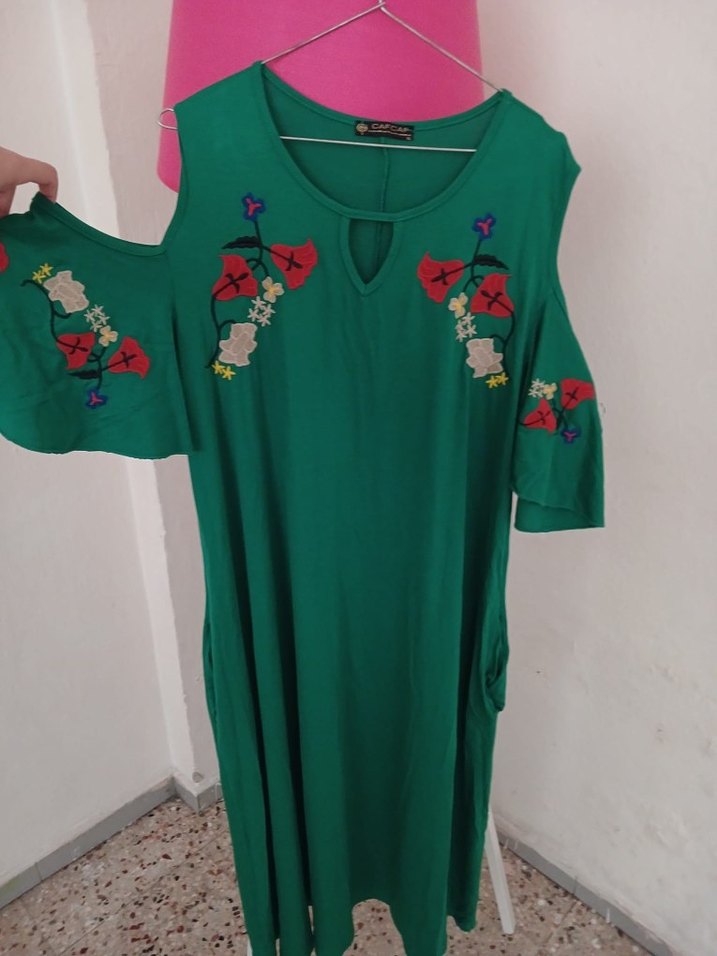 Yeşil Nakışlı Bohem Uzun Elbise - Görsel 2