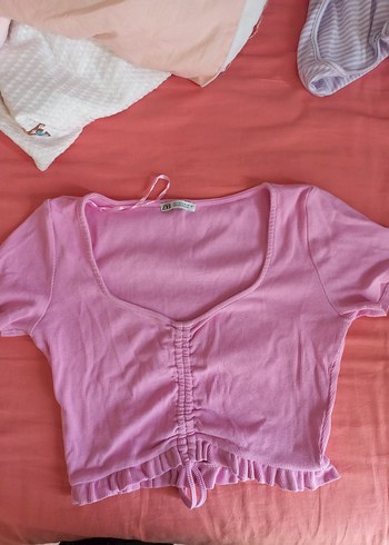 Pembe V Yaka Kısa Kollu Crop