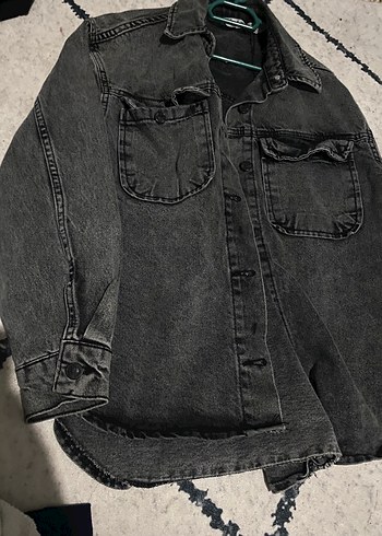 Gri Kadın Denim Ceket Düğmeli