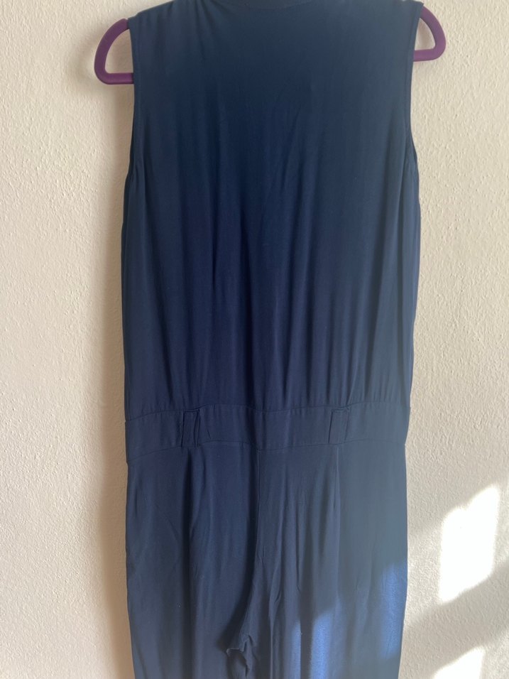 Kadın Lacivert Keten Düğmeli Tulum - Görsel 4