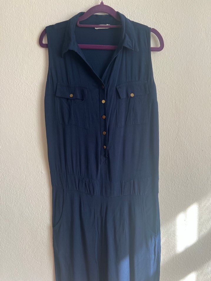 Kadın Lacivert Keten Düğmeli Tulum - Görsel 2